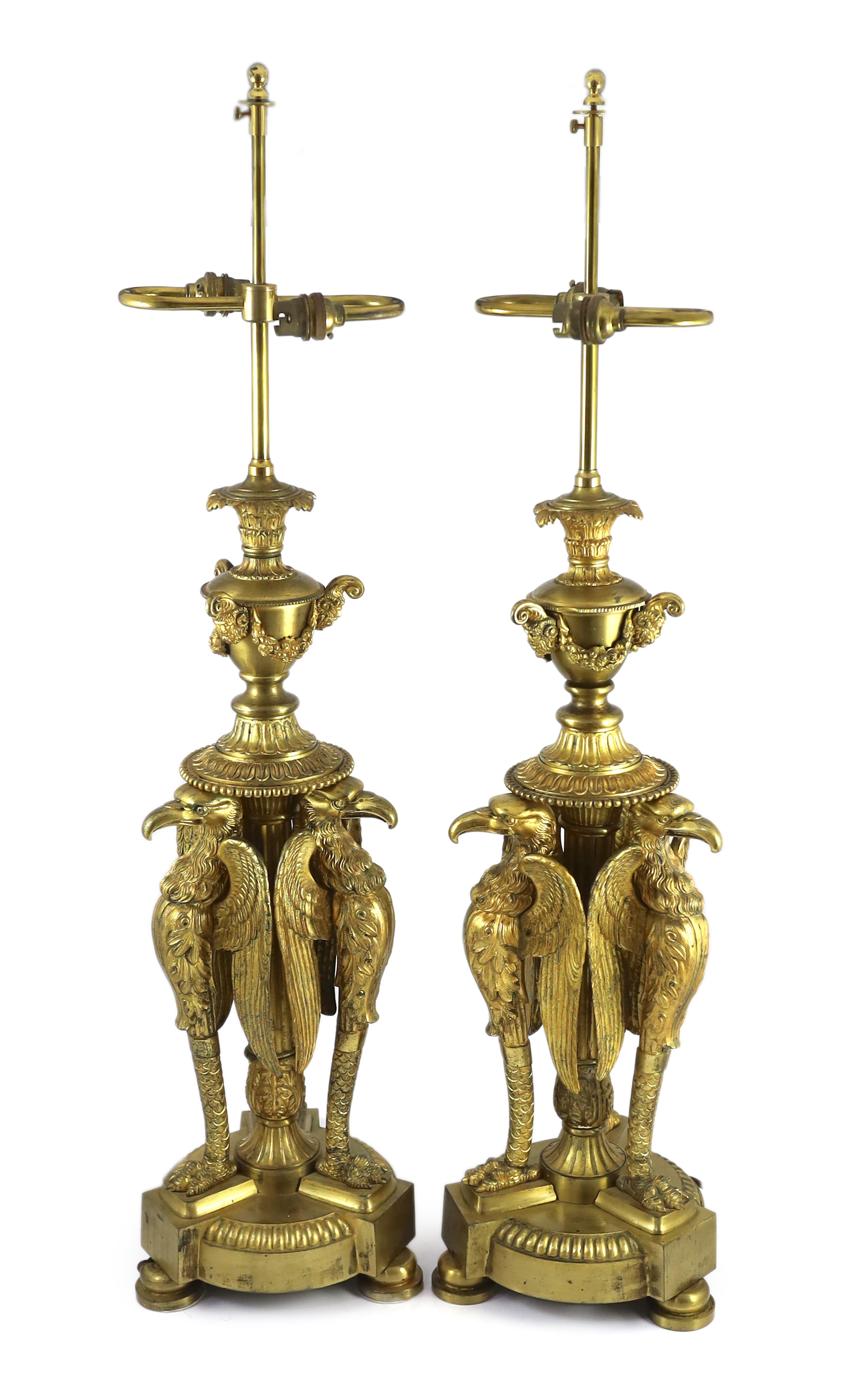 A pair of Empire Revival ormolu table lamps, overall 91cm high